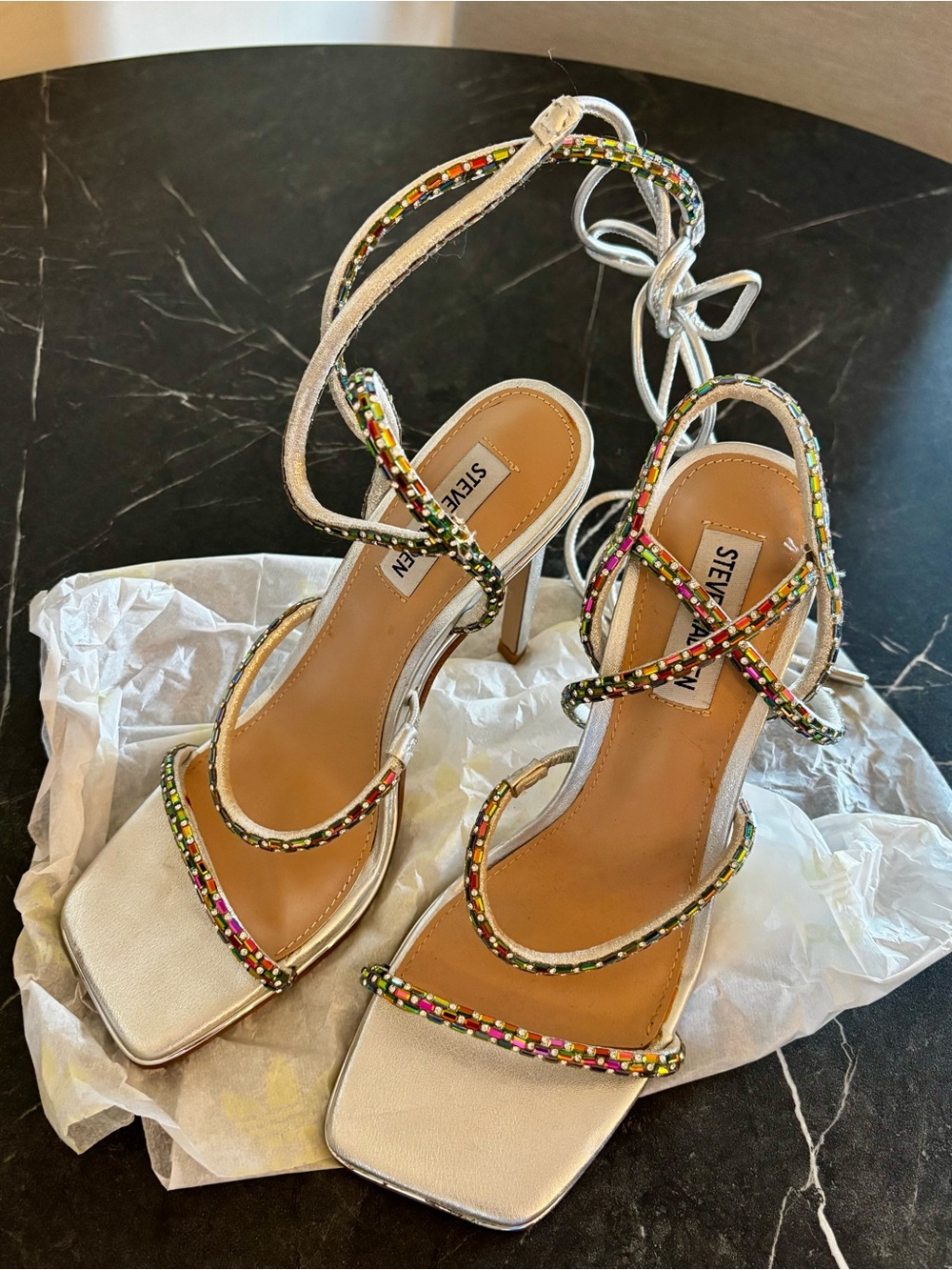 Steve Madden Silver Lace-Up Heels with Multicolor Beaded Straps